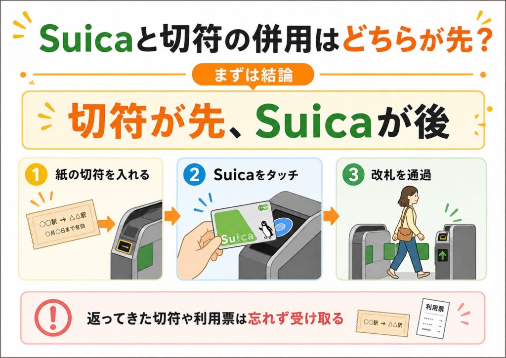 Suicaと切符の併用は切符が先でSuicaが後