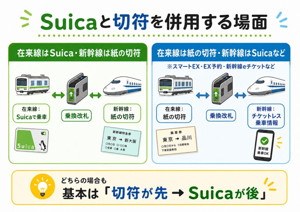 新幹線と在来線の乗換改札でSuicaと切符を併用する場面
