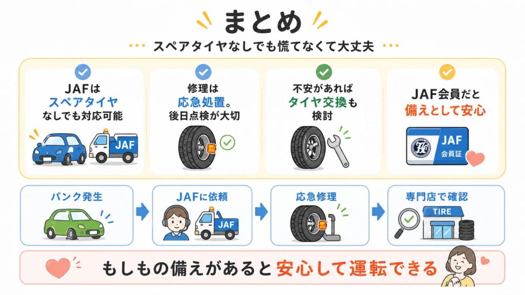 まとめ：スペアタイヤなしでも慌てなくて大丈夫
