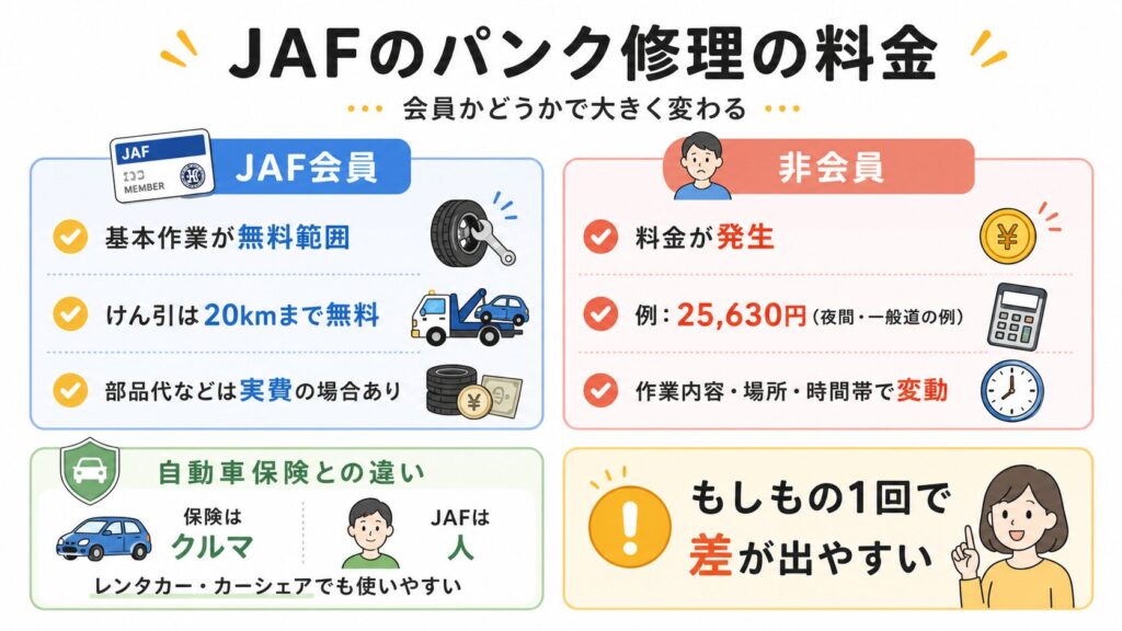 JAFのパンク修理にかかる料金